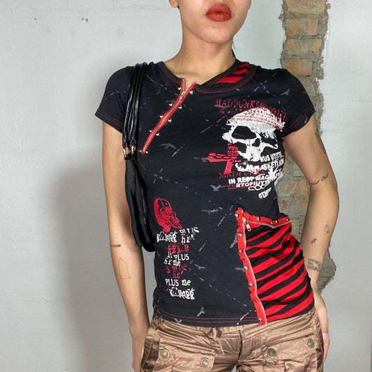 Vintage 2000's Goth Black and Red Shirt with Zipper and Stud Details (S)