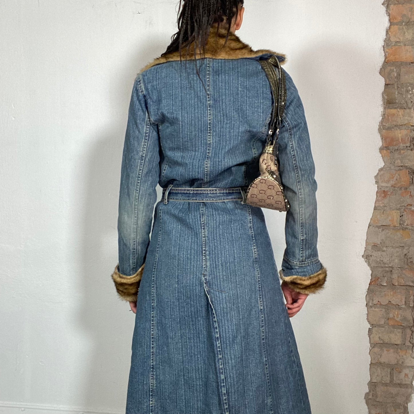 Vintage 2000's Grunge Denim Maxi Coat with Fur Trim and Lining (S/M)