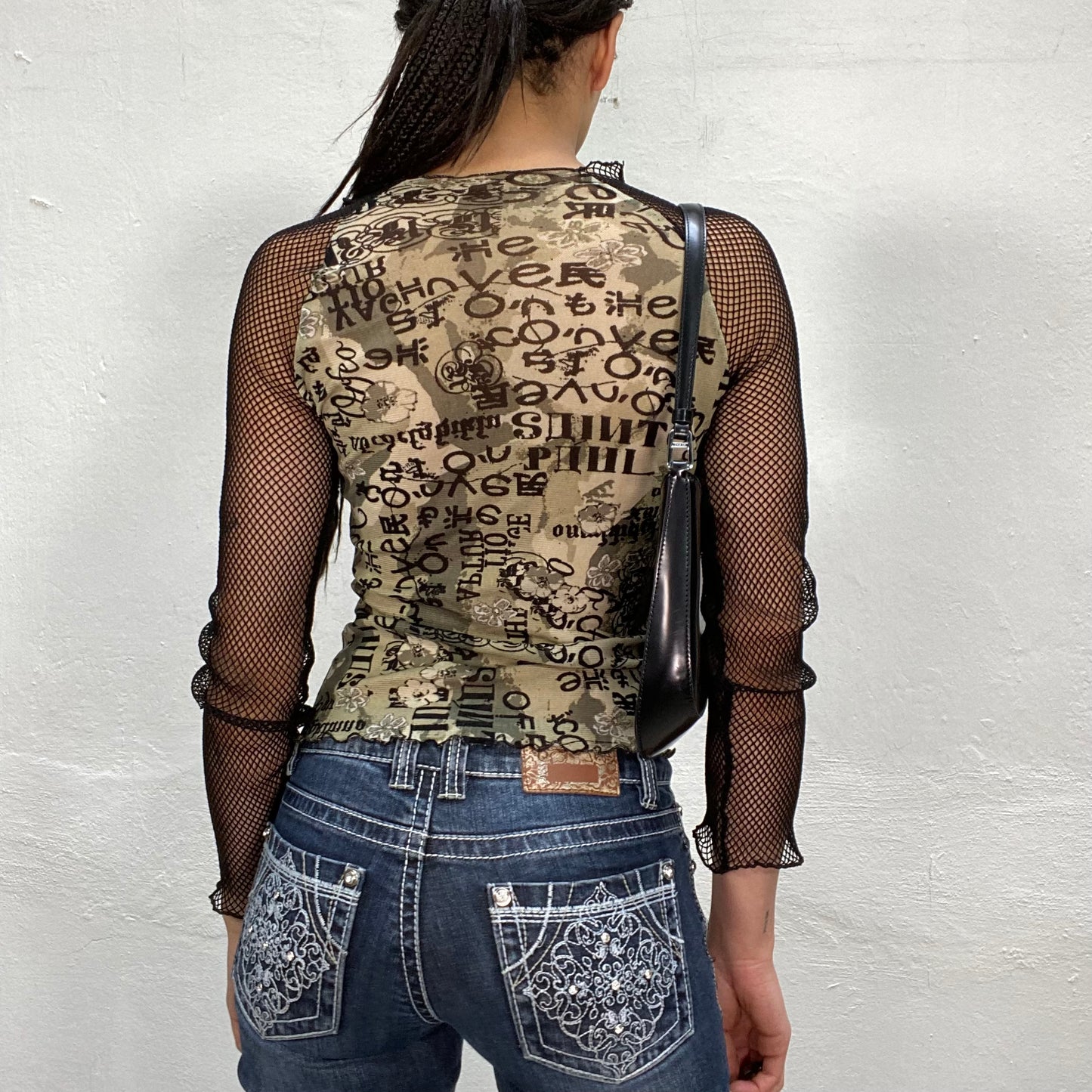 Vintage 2000's Grunge Khaki Top with Net Sleeves and Writing Print (S)