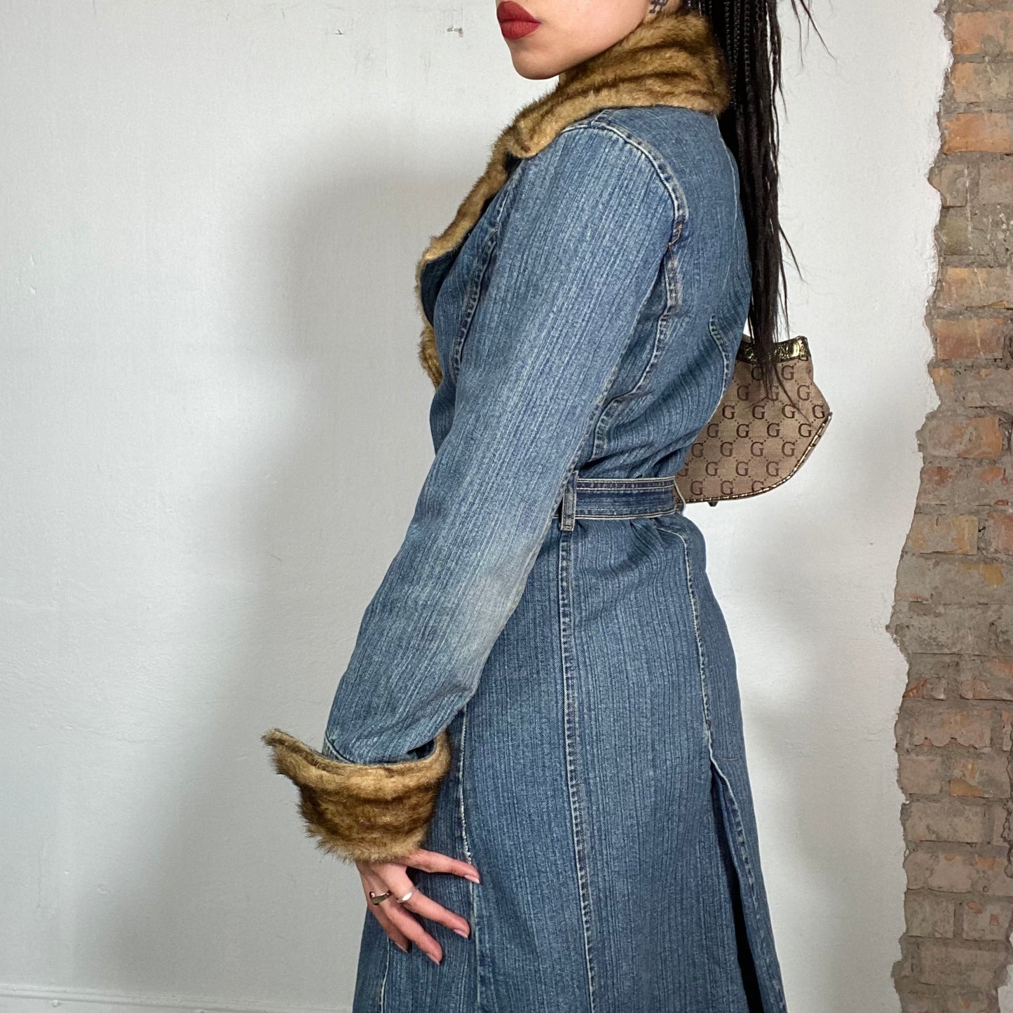 Vintage 2000's Grunge Denim Maxi Coat with Fur Trim and Lining (S/M)