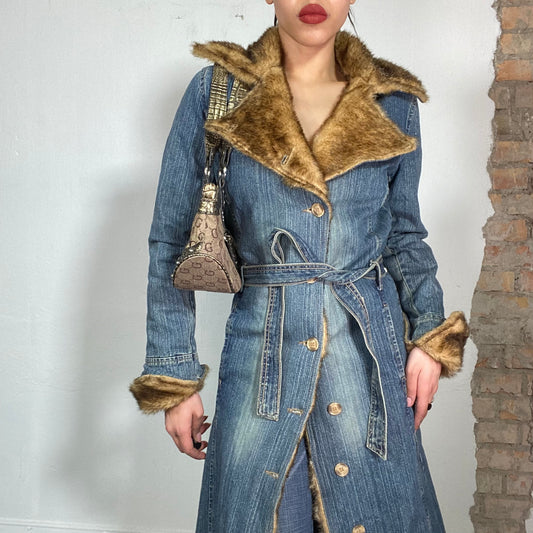 Vintage 2000's Grunge Denim Maxi Coat with Fur Trim and Lining (S/M)