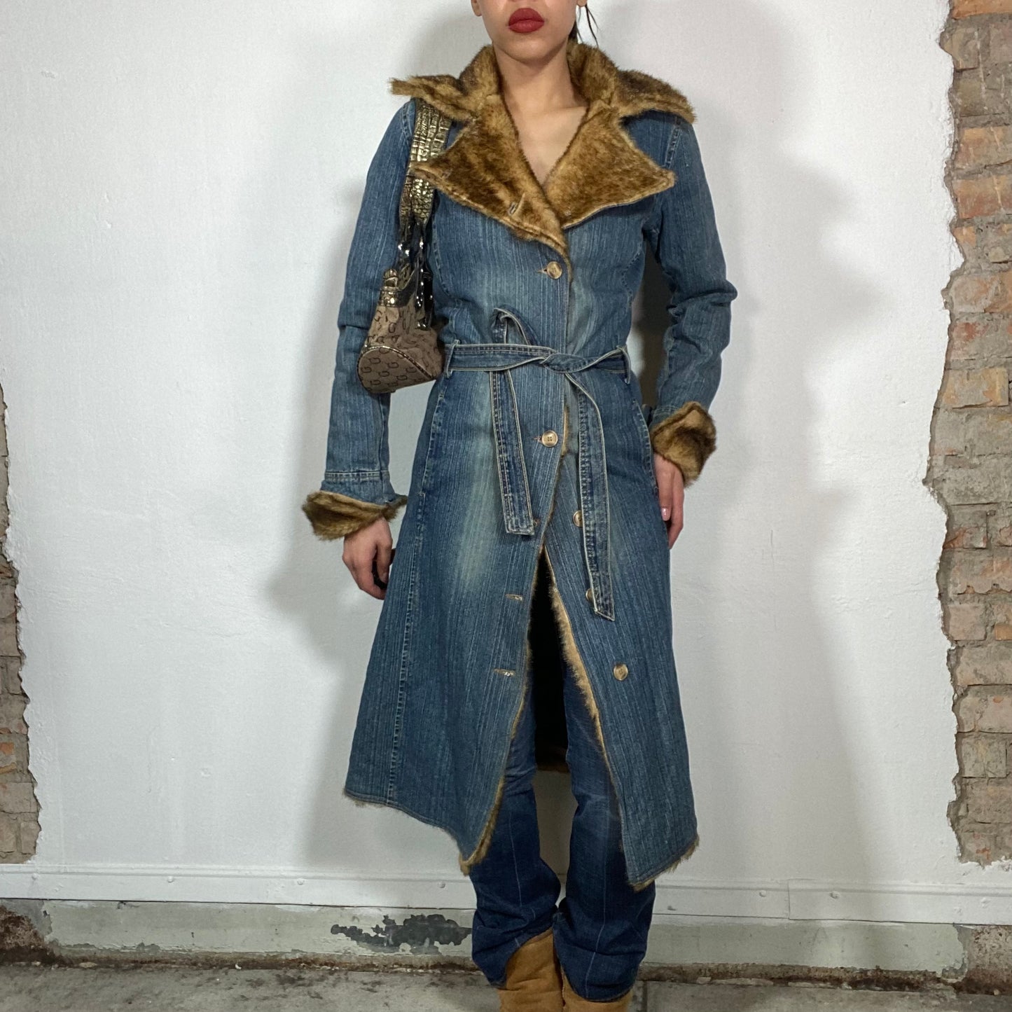 Vintage 2000's Grunge Denim Maxi Coat with Fur Trim and Lining (S/M)