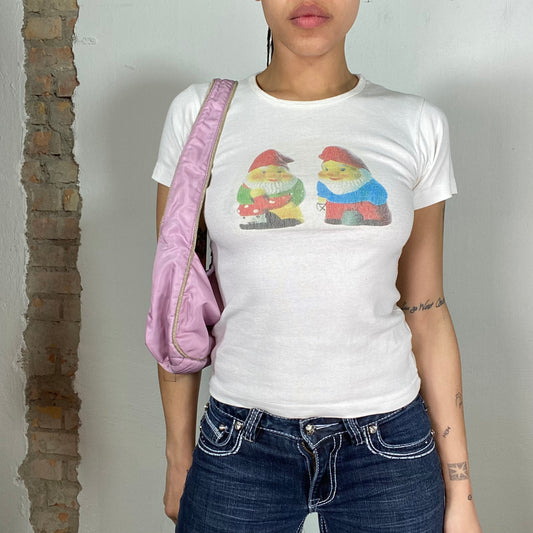 Vintage 2000's Downtown Girl White Baby Tee with Garden Gnome Print (S)