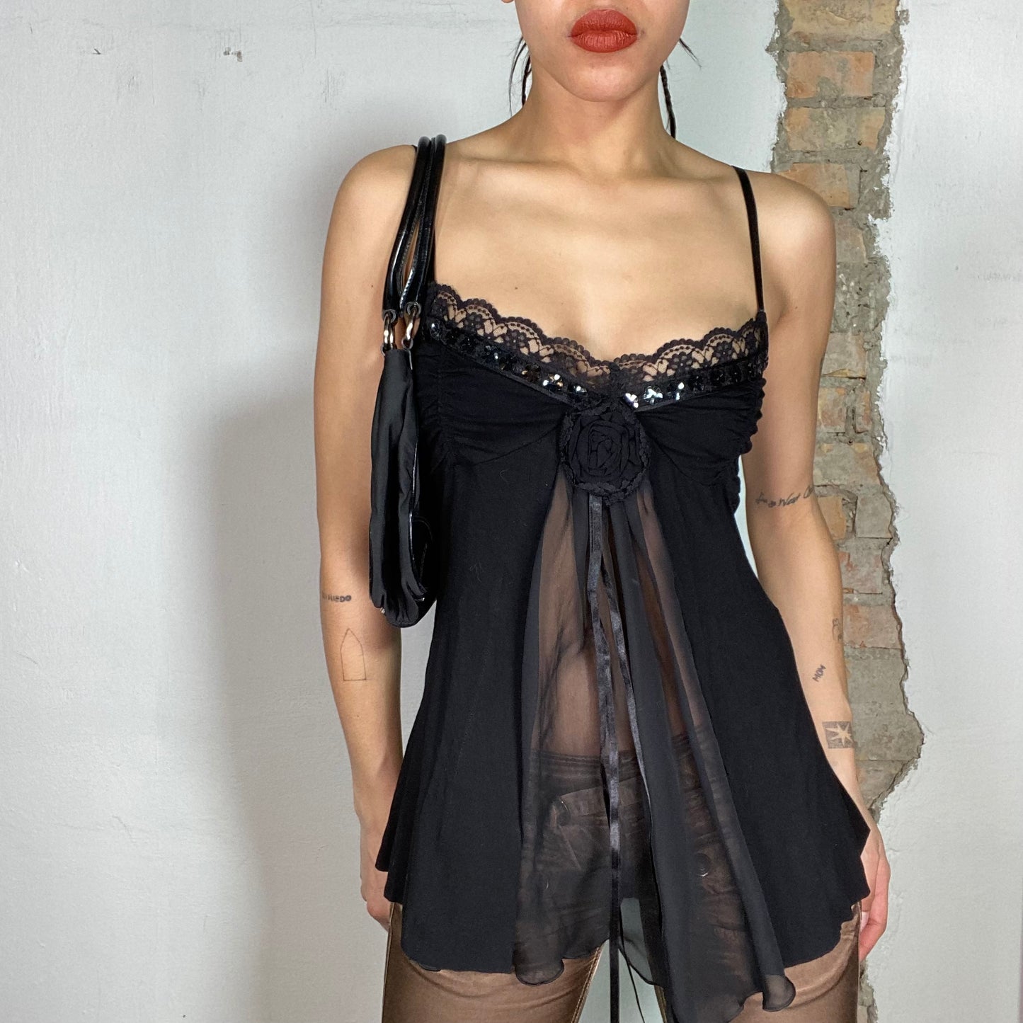 Vintage 2000's Lingerie Black Mesh Cami Top with Flower Detail (S)