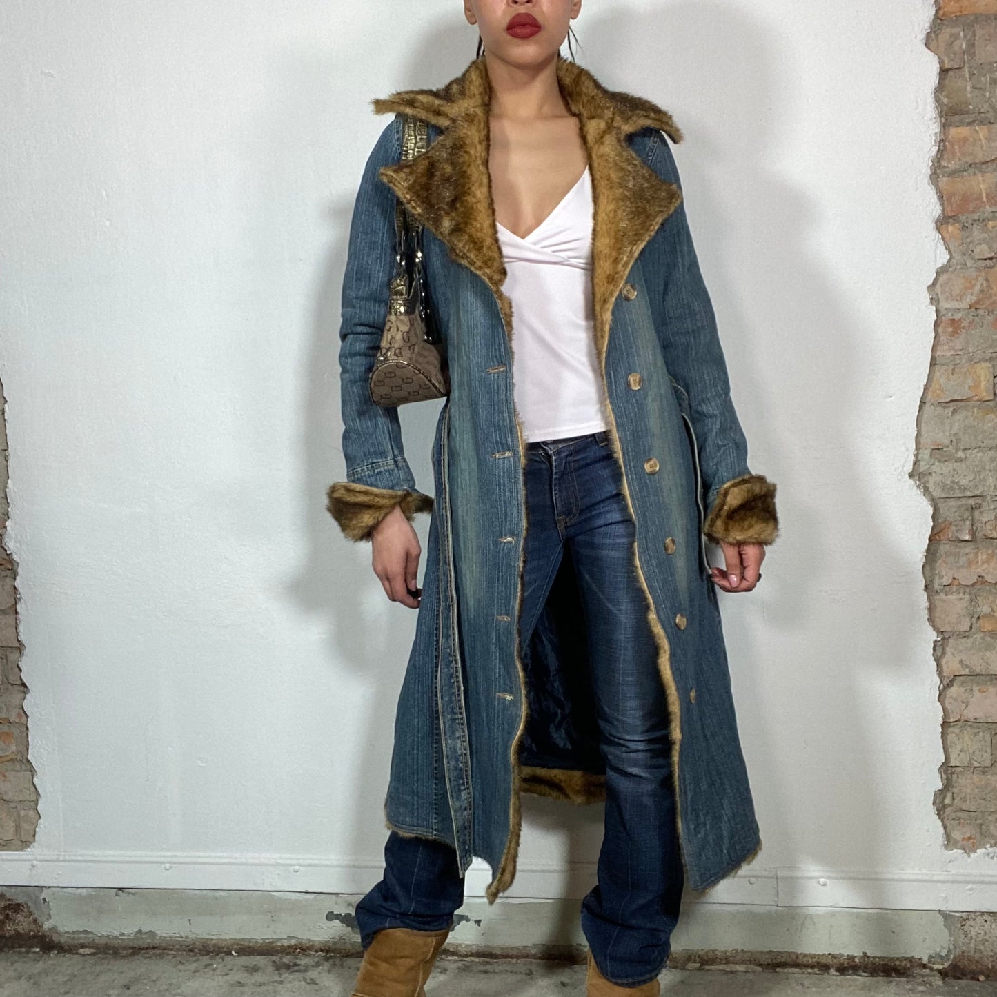 Vintage 2000's Grunge Denim Maxi Coat with Fur Trim and Lining (S/M)