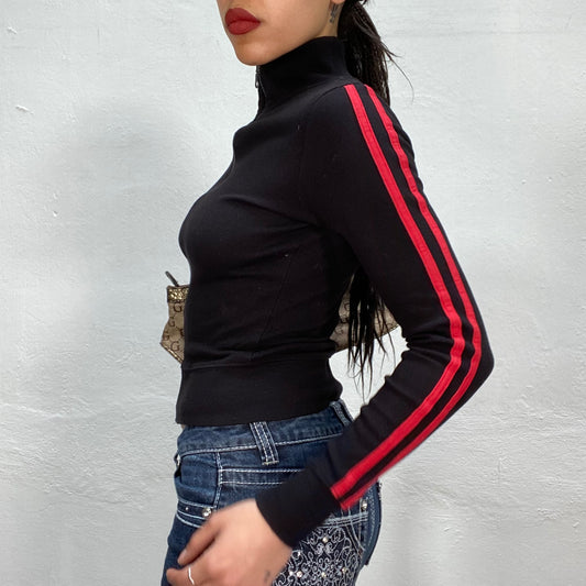 Vintage 90's Sporty Black Zip Up Sweater with Red Stripes (XXS/XS)