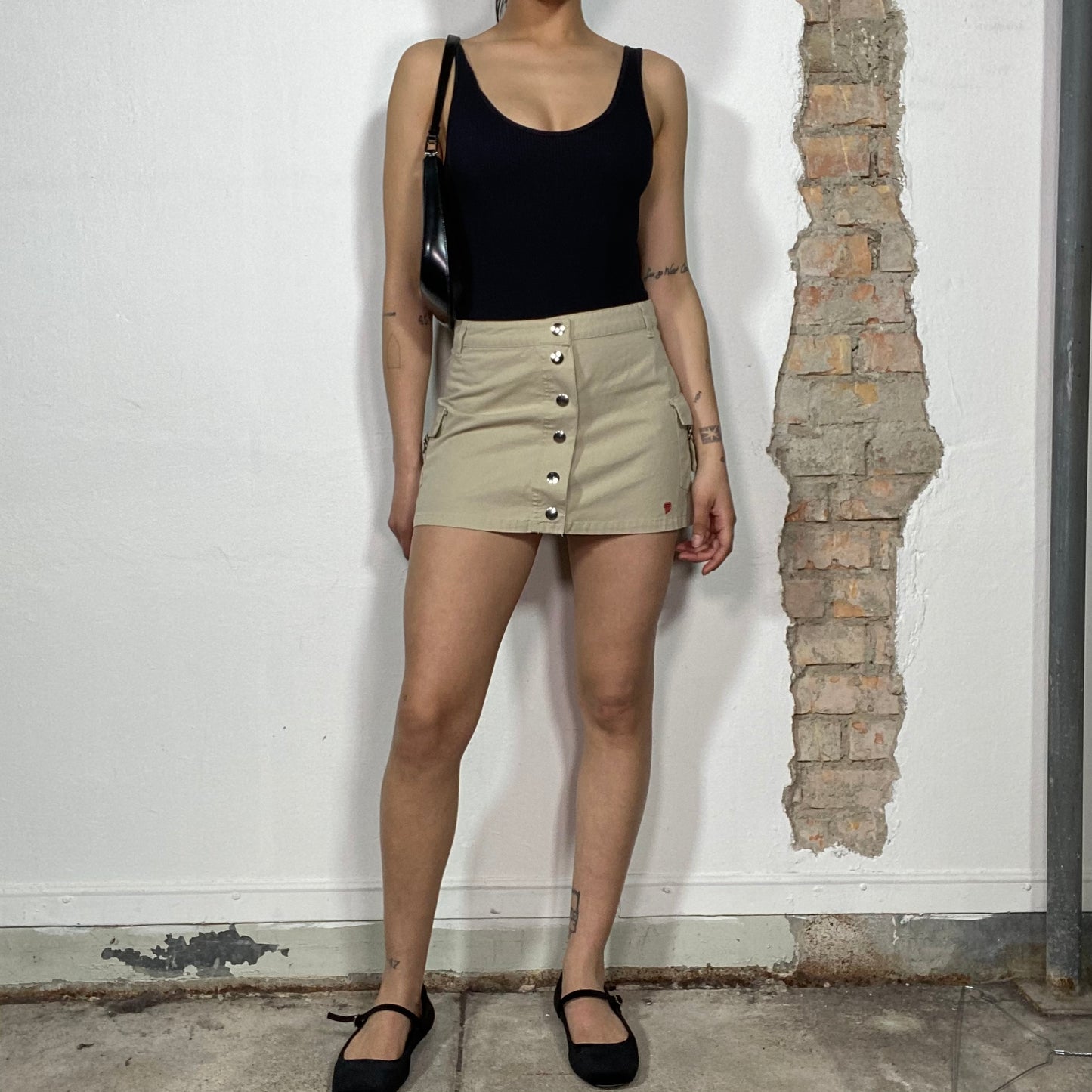 Vintage 90's Skater Beige Mini Cargo Skirt with Metal Button Detail (S)