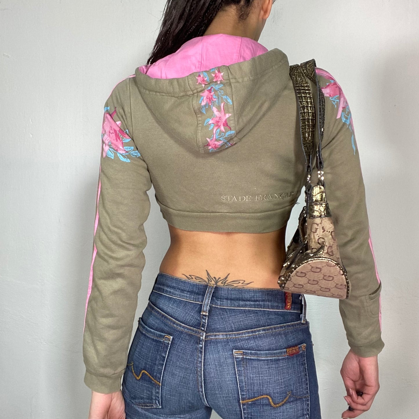 Vintage 2000's Adidas Ultra Cropped Khaki Zip Up Hoodie with Pink Flower Print (XS/S)