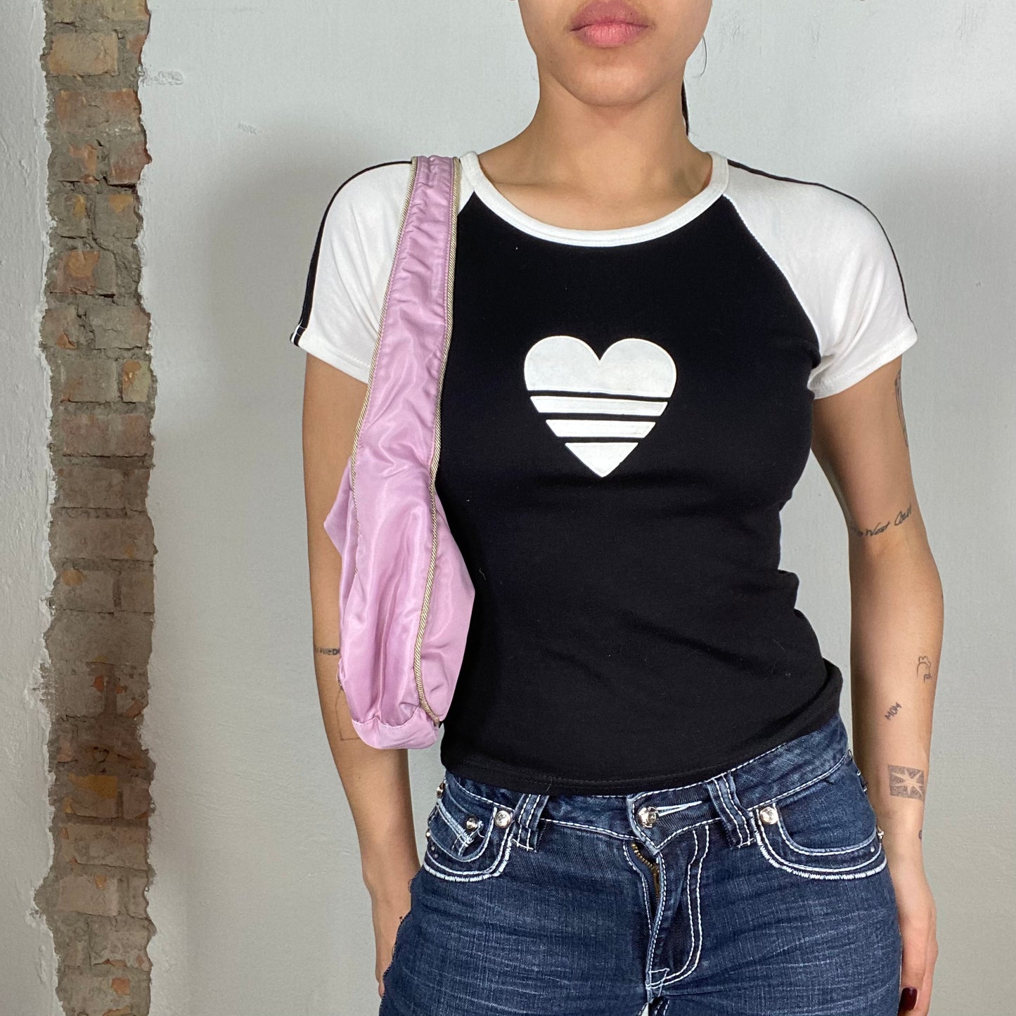 Vintage 2000's Sporty Black and White Baby Tee with White Heart Print (S)