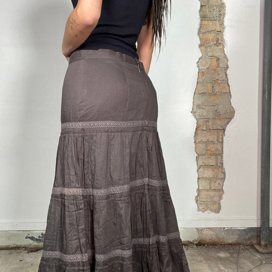 Vintage 90's Indie Brown Maxi Skirt with Lace Details (M)