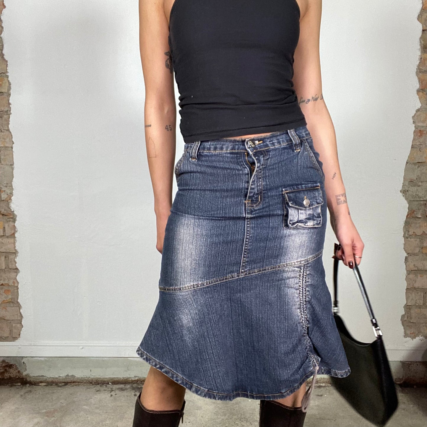 Vintage 2000's Downtown Girl Asymmetrical Denim Midi Skirt (S)