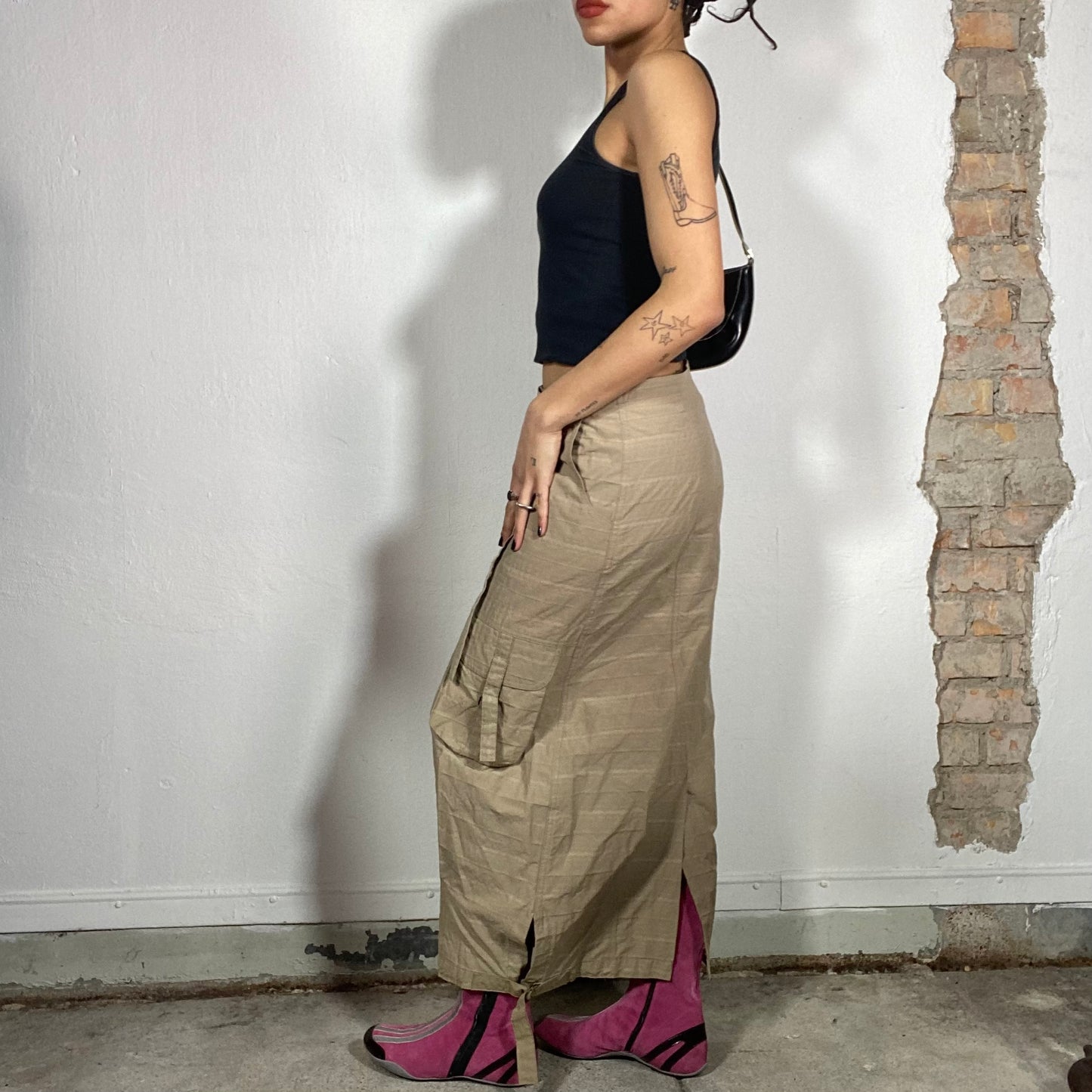 Vintage 2000's Techwear Beige Structured Cargo Maxi Skirt (M)