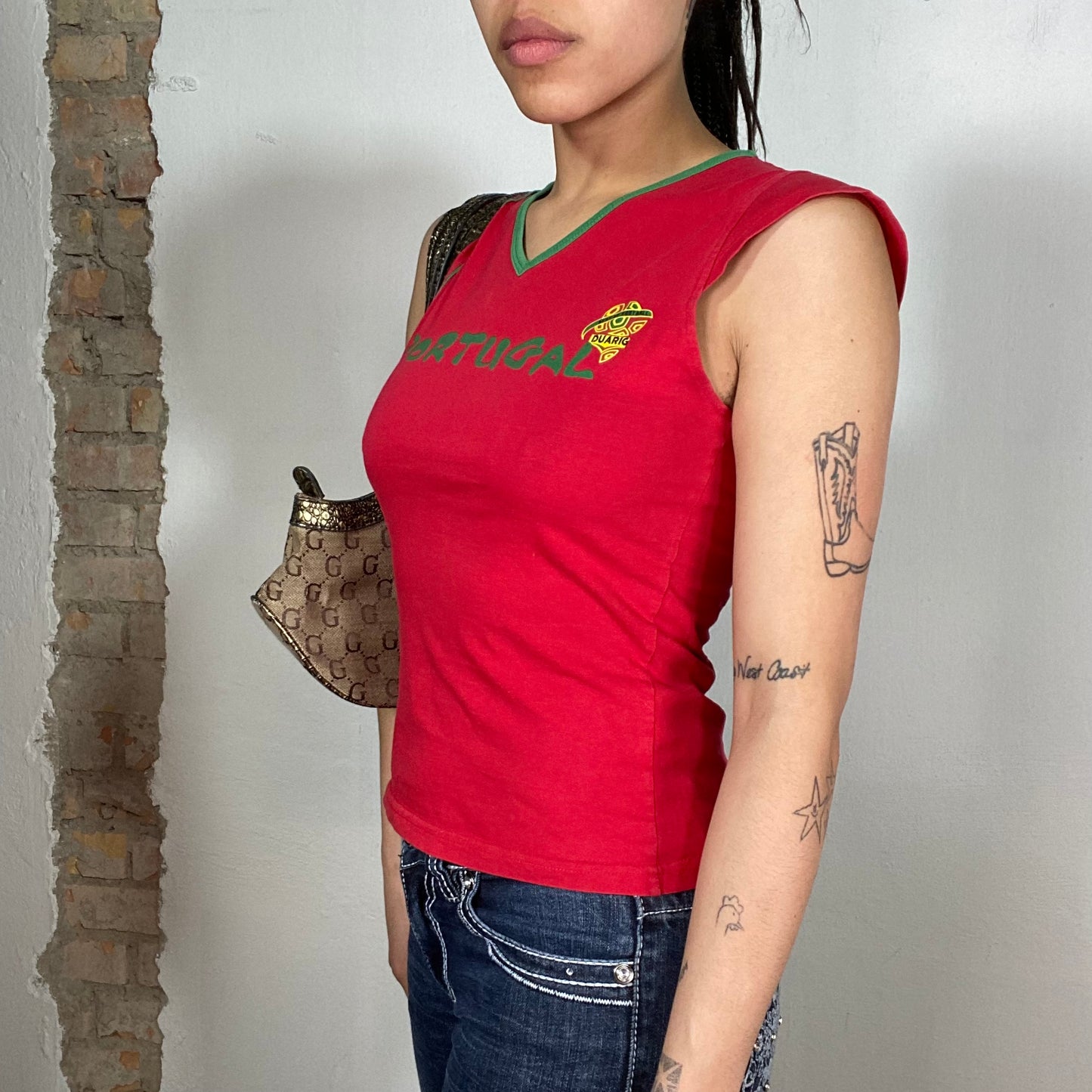 Vintage 2000's Sporty Red 'Portugal' Shirt with Green Details (S)