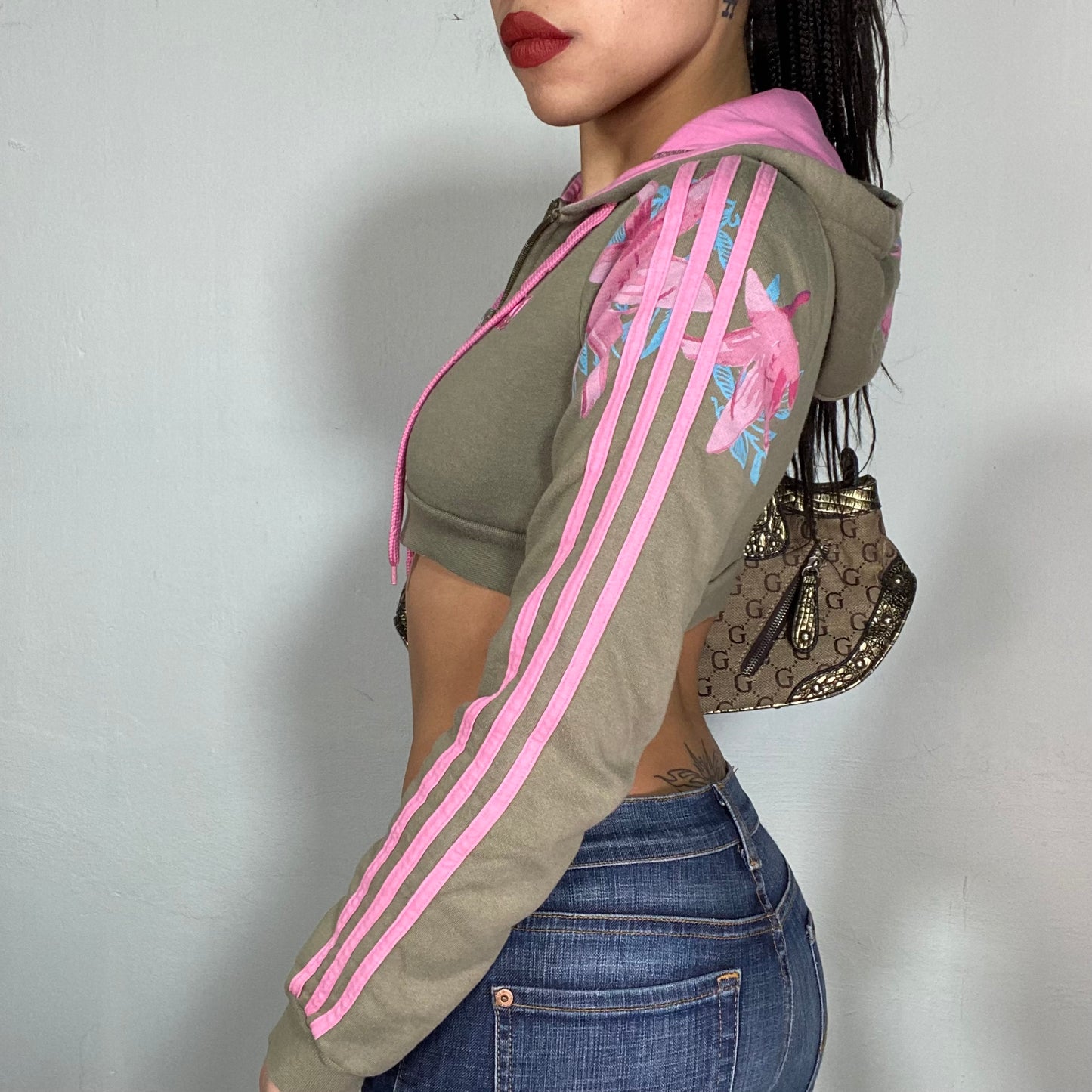 Vintage 2000's Adidas Ultra Cropped Khaki Zip Up Hoodie with Pink Flower Print (XS/S)