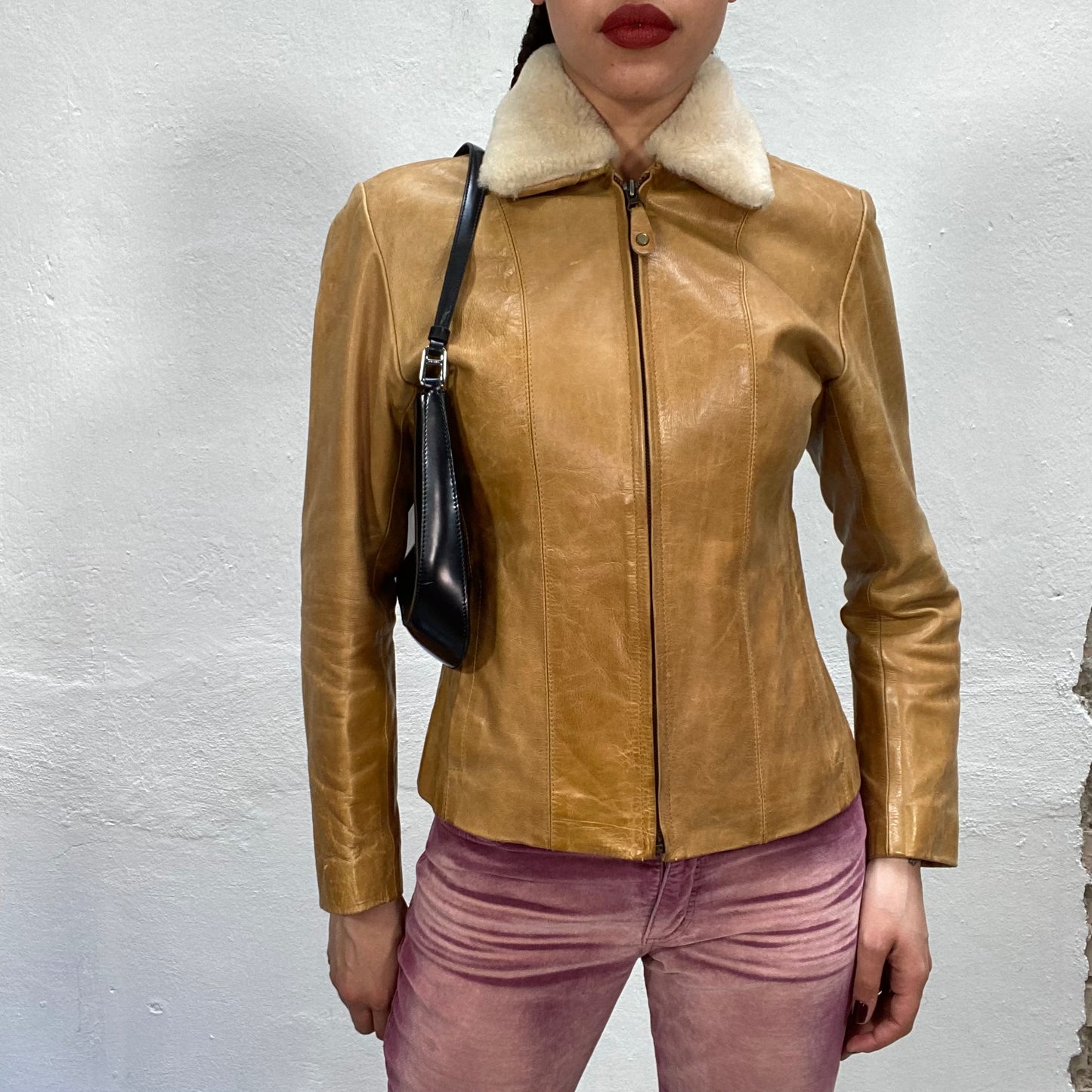 Vintage 90's Dowtown Girl Brown Leather Jacket with White Sheep Skin Collar (S)