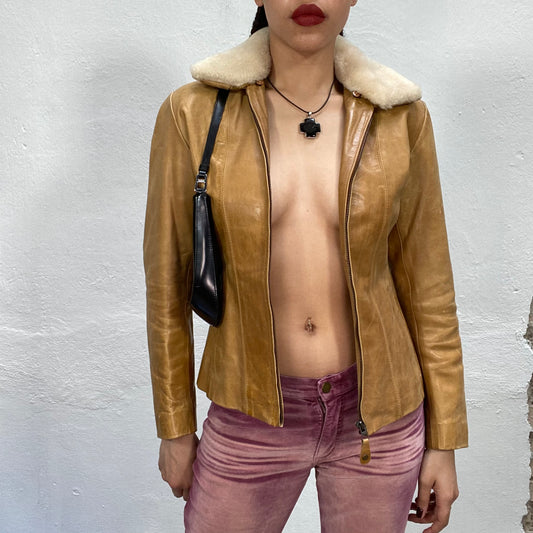 Vintage 90's Dowtown Girl Brown Leather Jacket with White Sheep Skin Collar (S)