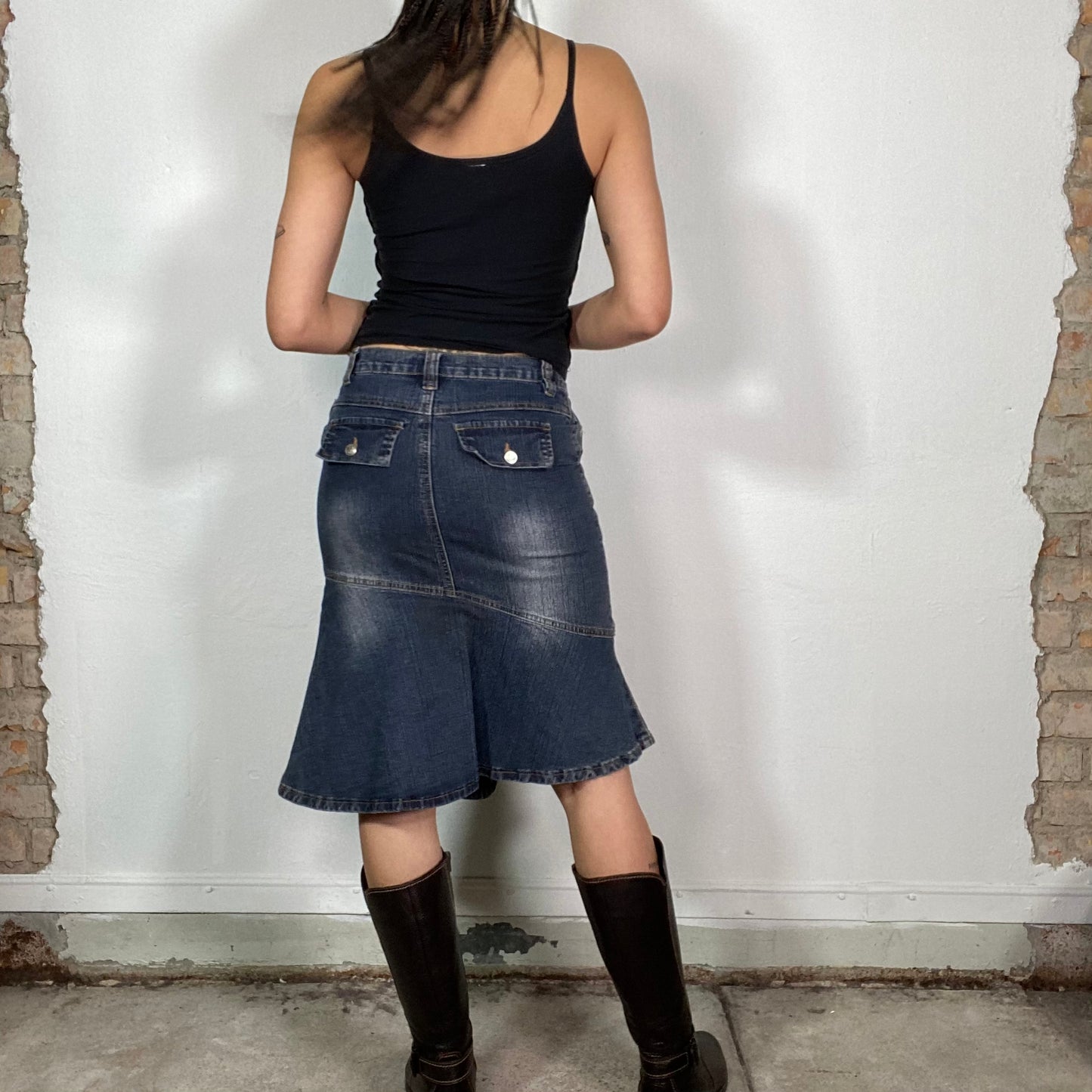 Vintage 2000's Downtown Girl Asymmetrical Denim Midi Skirt (S)