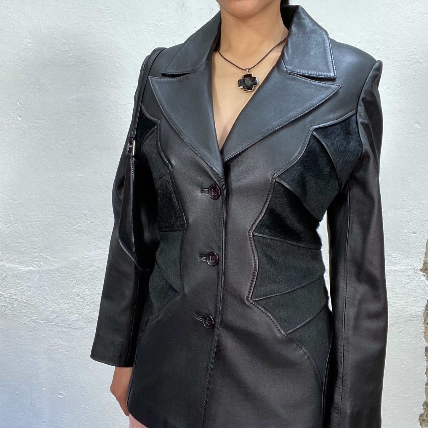 Vintage 90's Dowtown Girl Black Leather Coat with Black Fury Details (S)