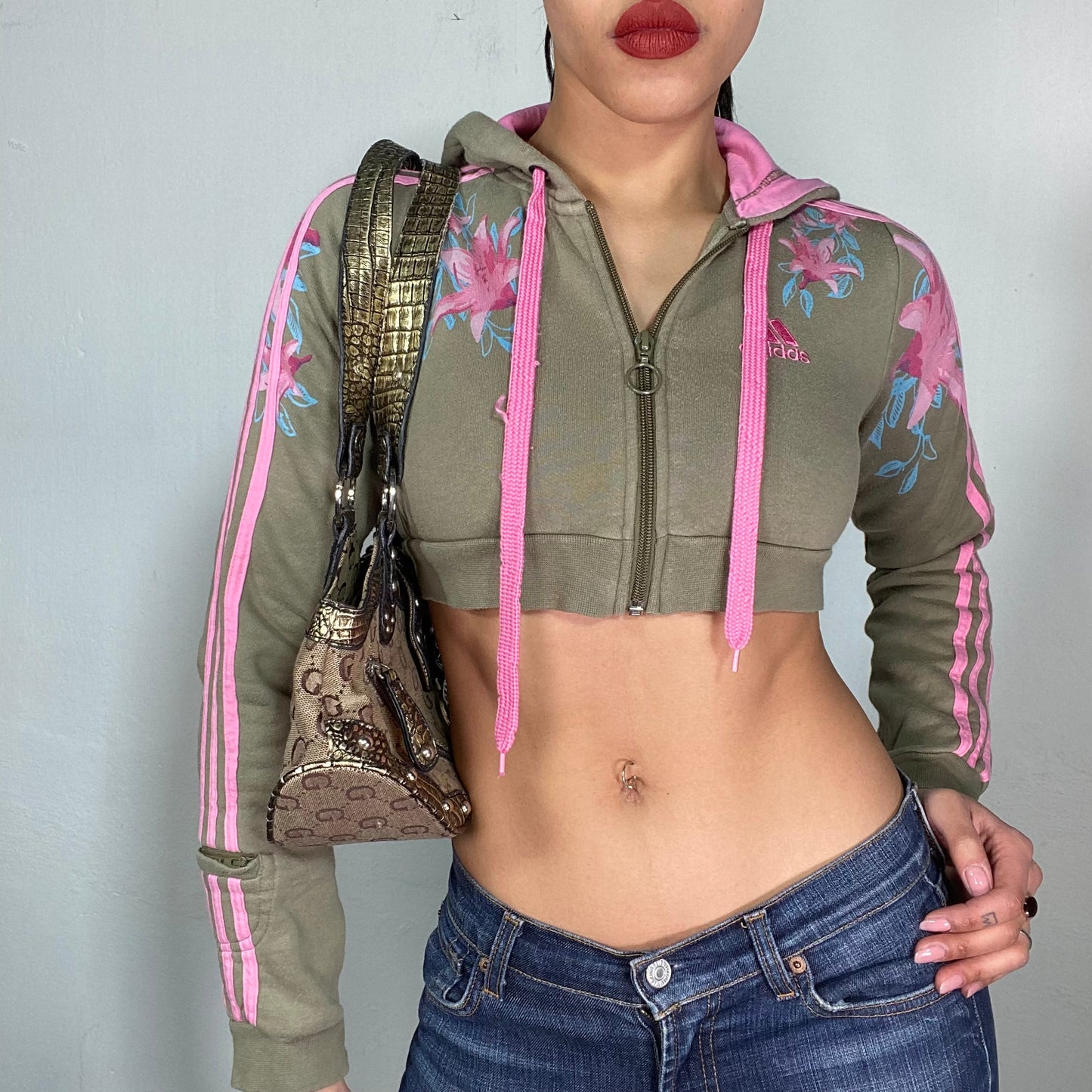 Vintage 2000's Adidas Ultra Cropped Khaki Zip Up Hoodie with Pink Flower Print (XS/S)