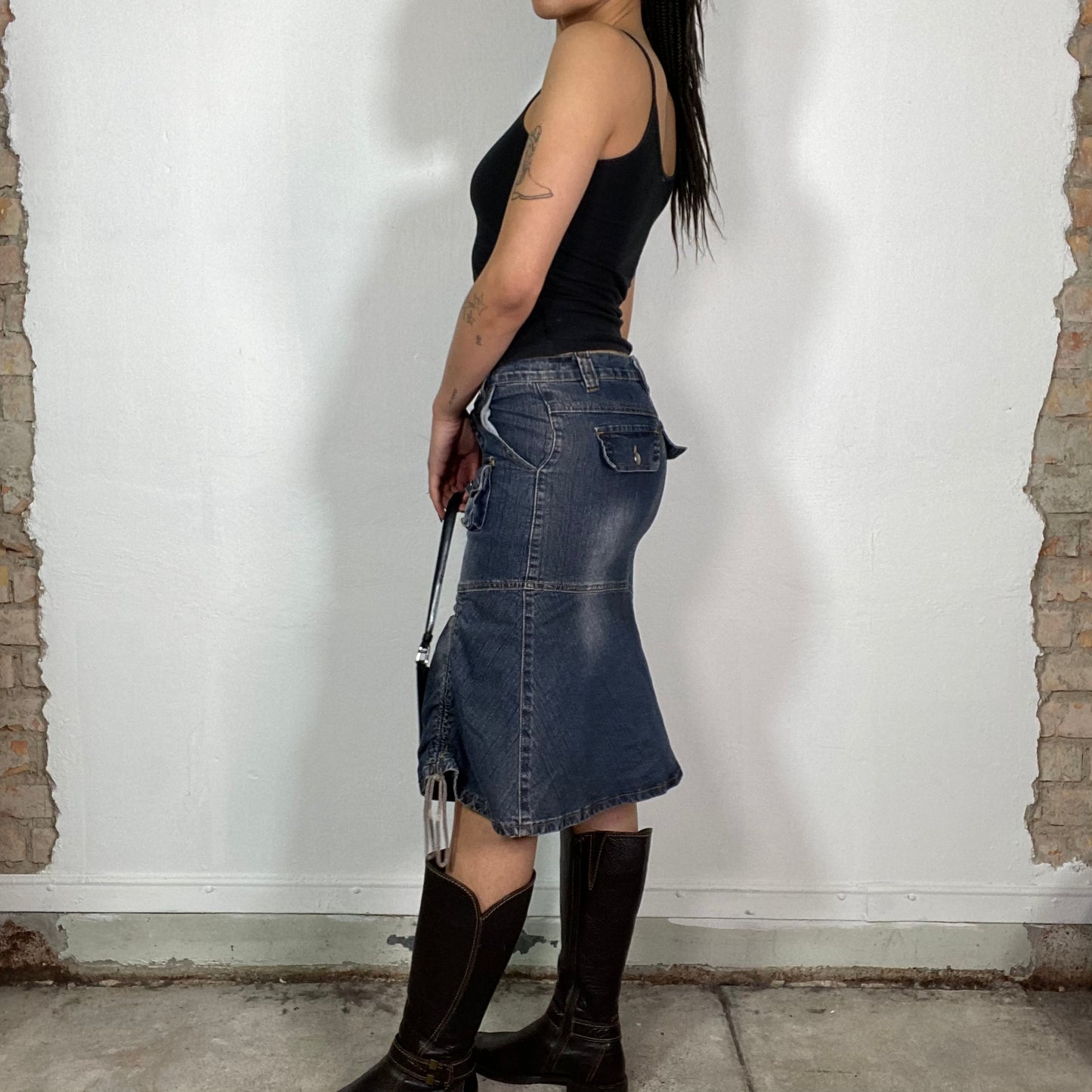 Vintage 2000's Downtown Girl Asymmetrical Denim Midi Skirt (S)