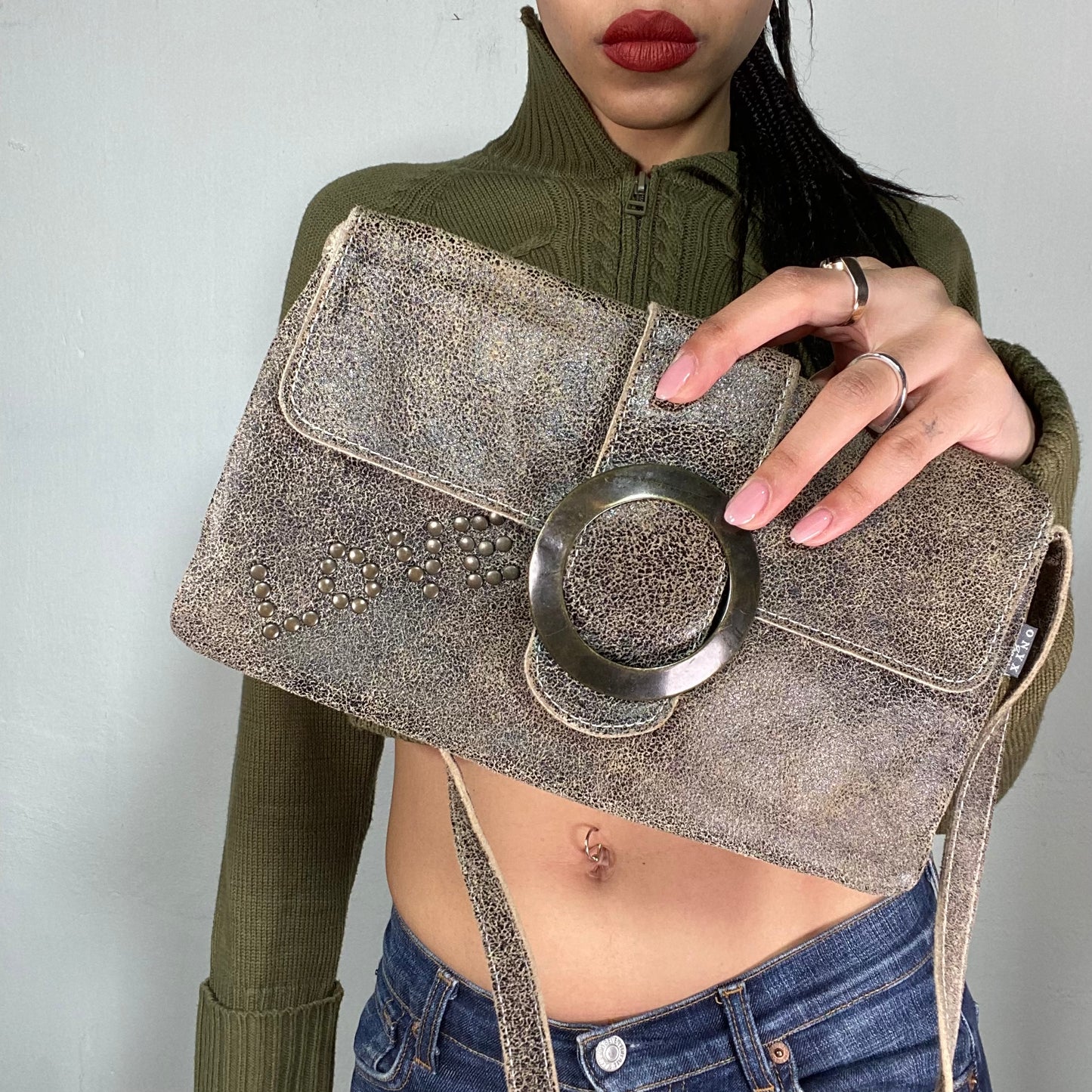 Vintage 90's Grunge Brown Leather Crossbody Bag with Big Ring Buckle