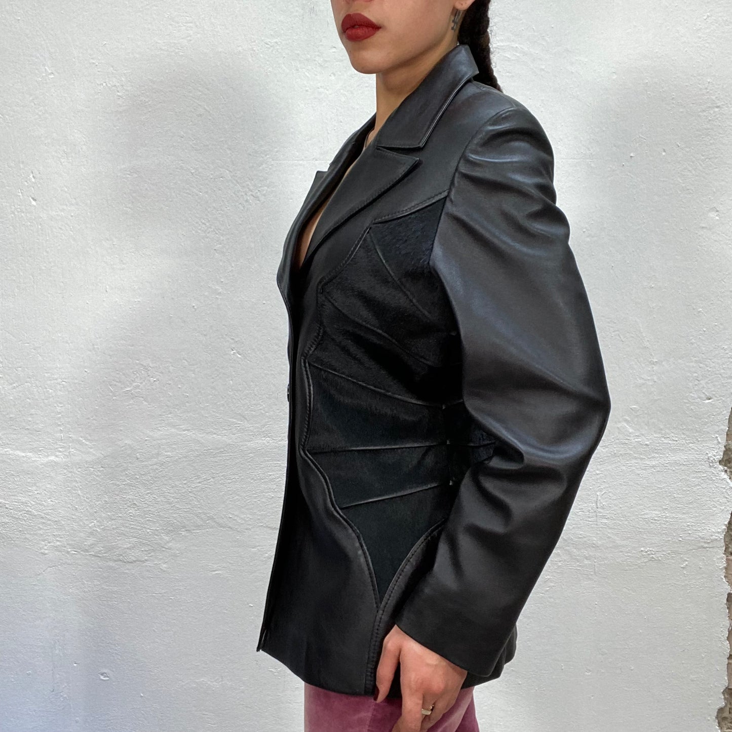 Vintage 90's Dowtown Girl Black Leather Coat with Black Fury Details (S)