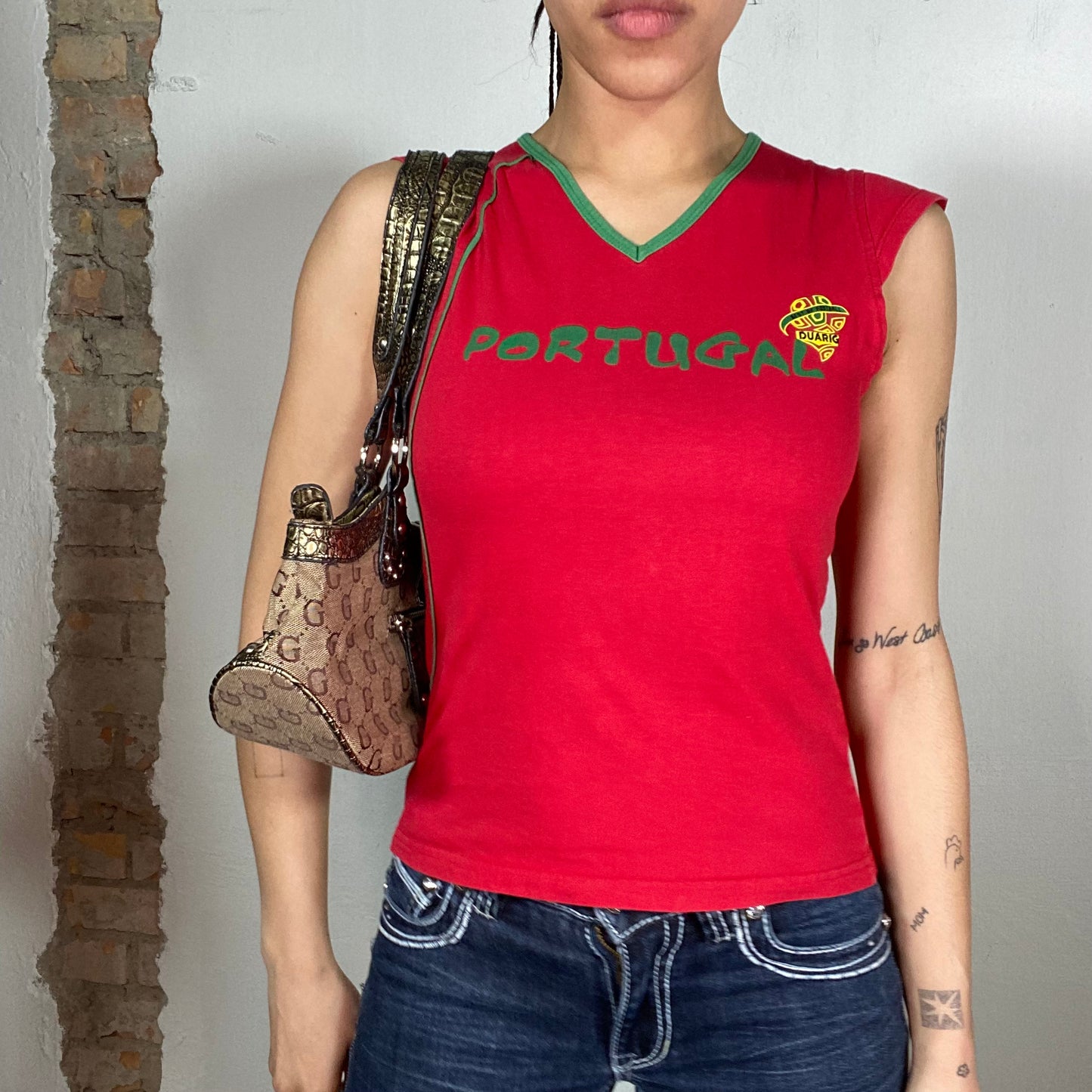 Vintage 2000's Sporty Red 'Portugal' Shirt with Green Details (S)