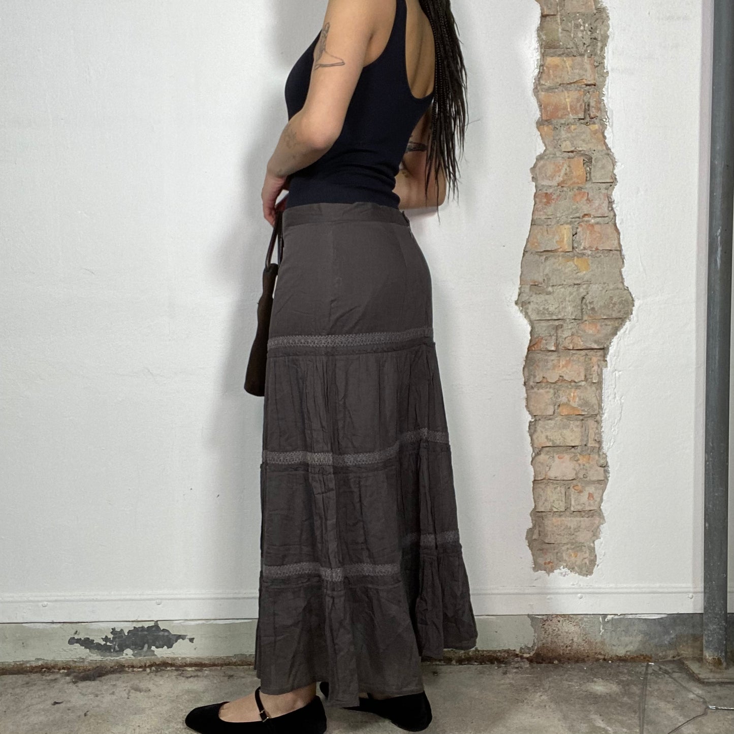 Vintage 90's Indie Brown Maxi Skirt with Lace Details (M)