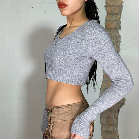 Vintage 2000's Soft Girls Grey Cropped Knit Zipper Cardigan (S)