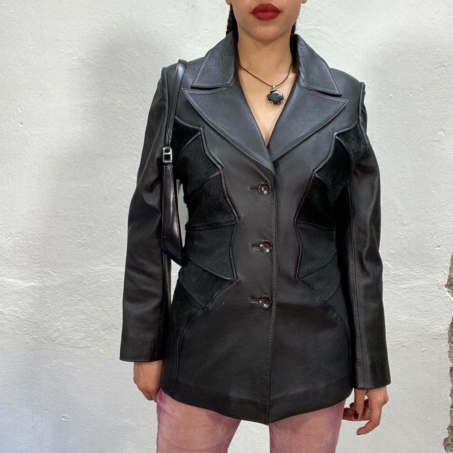 Vintage 90's Dowtown Girl Black Leather Coat with Black Fury Details (S)