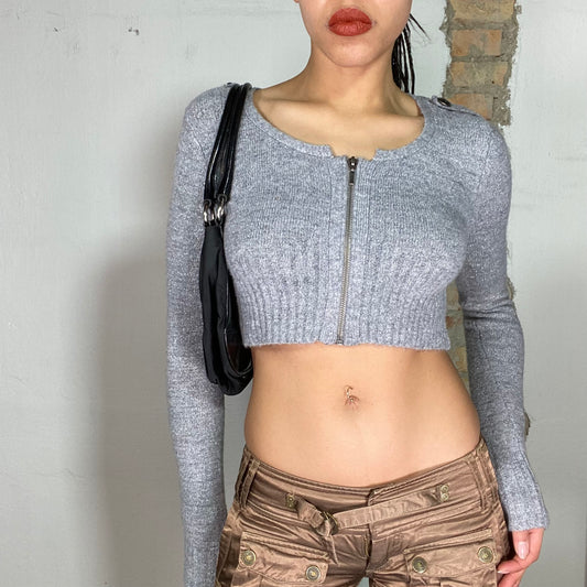 Vintage 2000's Soft Girls Grey Cropped Knit Zipper Cardigan (S)