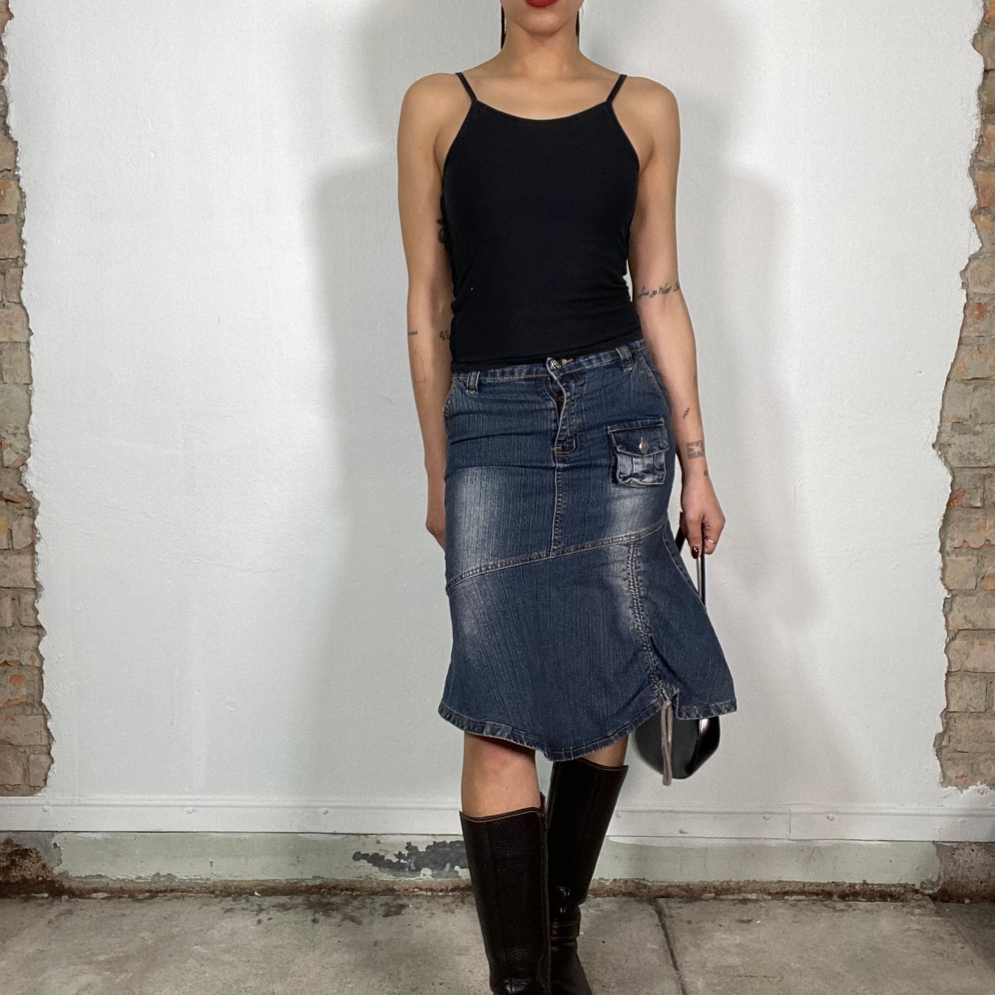 Vintage 2000's Downtown Girl Asymmetrical Denim Midi Skirt (S)