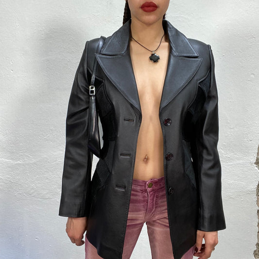 Vintage 90's Dowtown Girl Black Leather Coat with Black Fury Details (S)