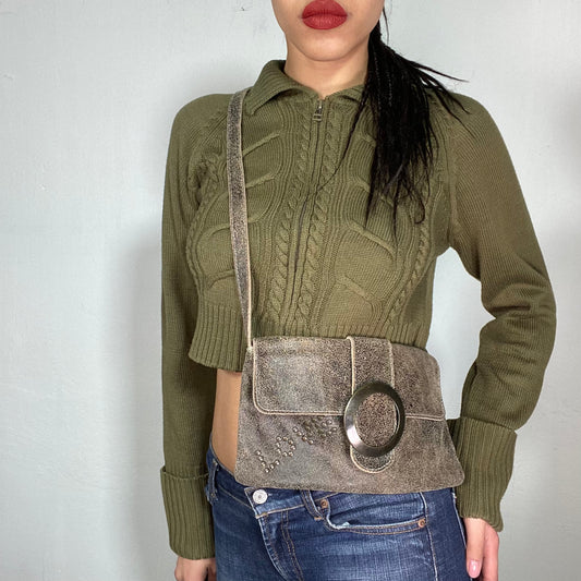 Vintage 90's Grunge Brown Leather Crossbody Bag with Big Ring Buckle