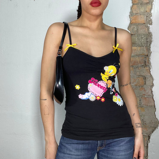 Vintage 2000's Funky Black Top with Tweety Print and Yellow Bow Details (S)