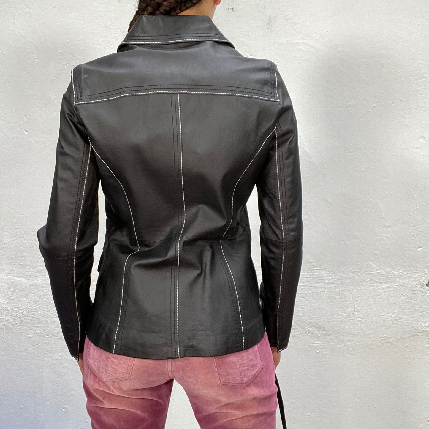 Vintage 90's Dowtown Girl Black Leather Blazer with Contrast Stitching (S)