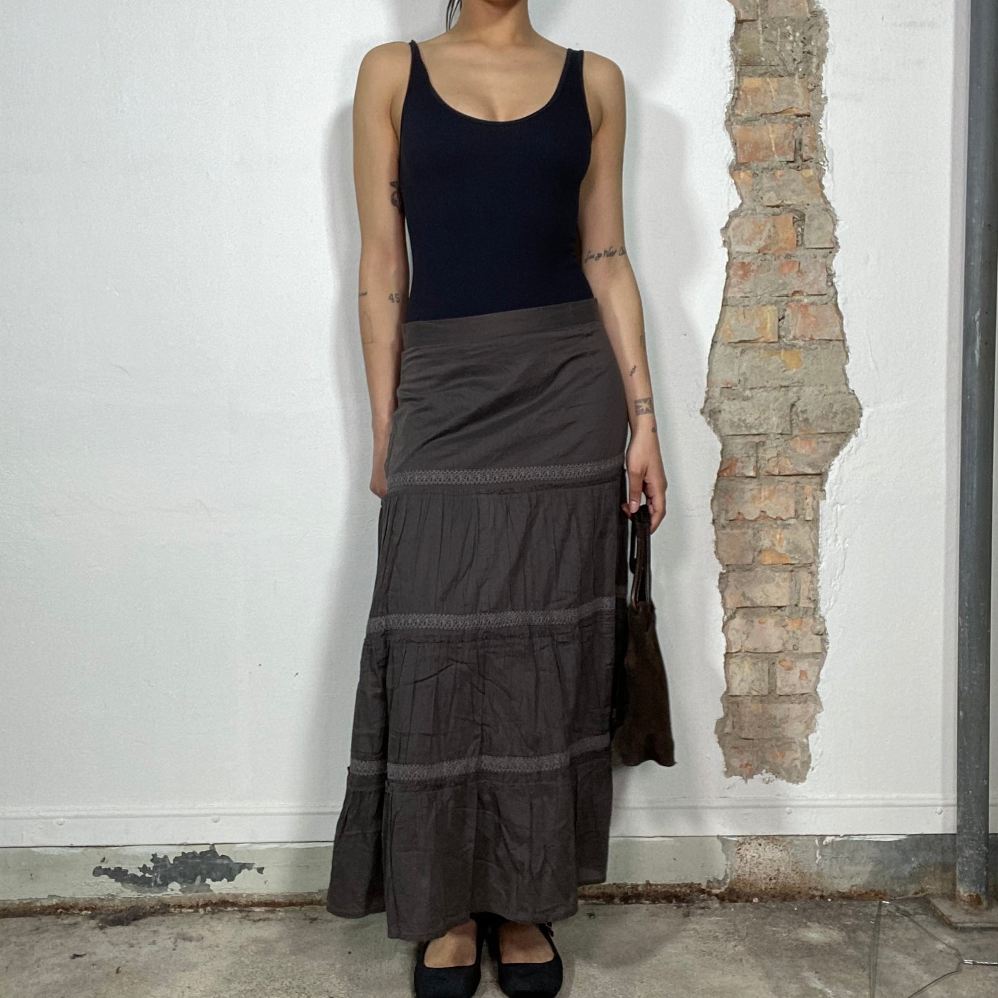 Vintage 90's Indie Brown Maxi Skirt with Lace Details (M)