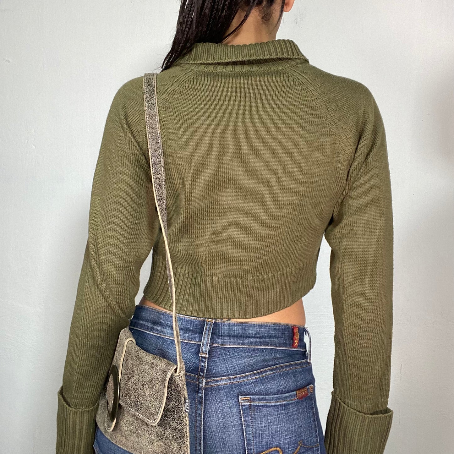 Vintage 2000's Downtown Girl Khaki Cable Knit Cropped Zip Up Sweater (M)