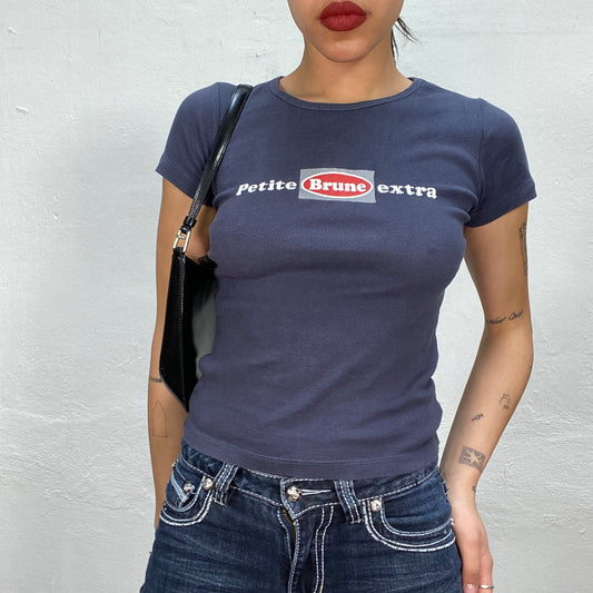 Vintage 2000's Downtown Girl Navy Blue Baby Tee with 'Petite Brune Extra' Print (XS/S)