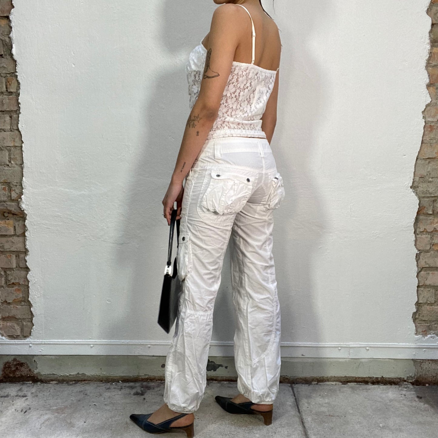 Vintage 2000's Grunge White Cargo Pants with Bronze Buttons (S)