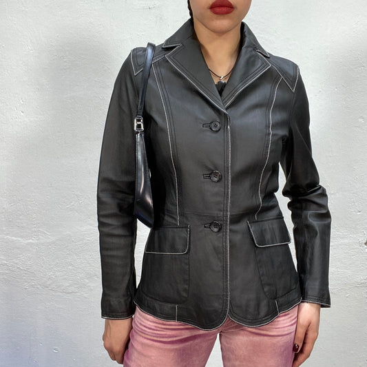 Vintage 90's Dowtown Girl Black Leather Blazer with Contrast Stitching (S)