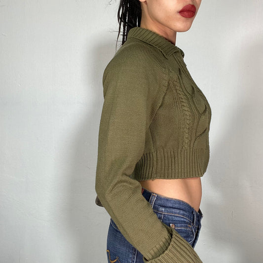 Vintage 2000's Downtown Girl Khaki Cable Knit Cropped Zip Up Sweater (M)