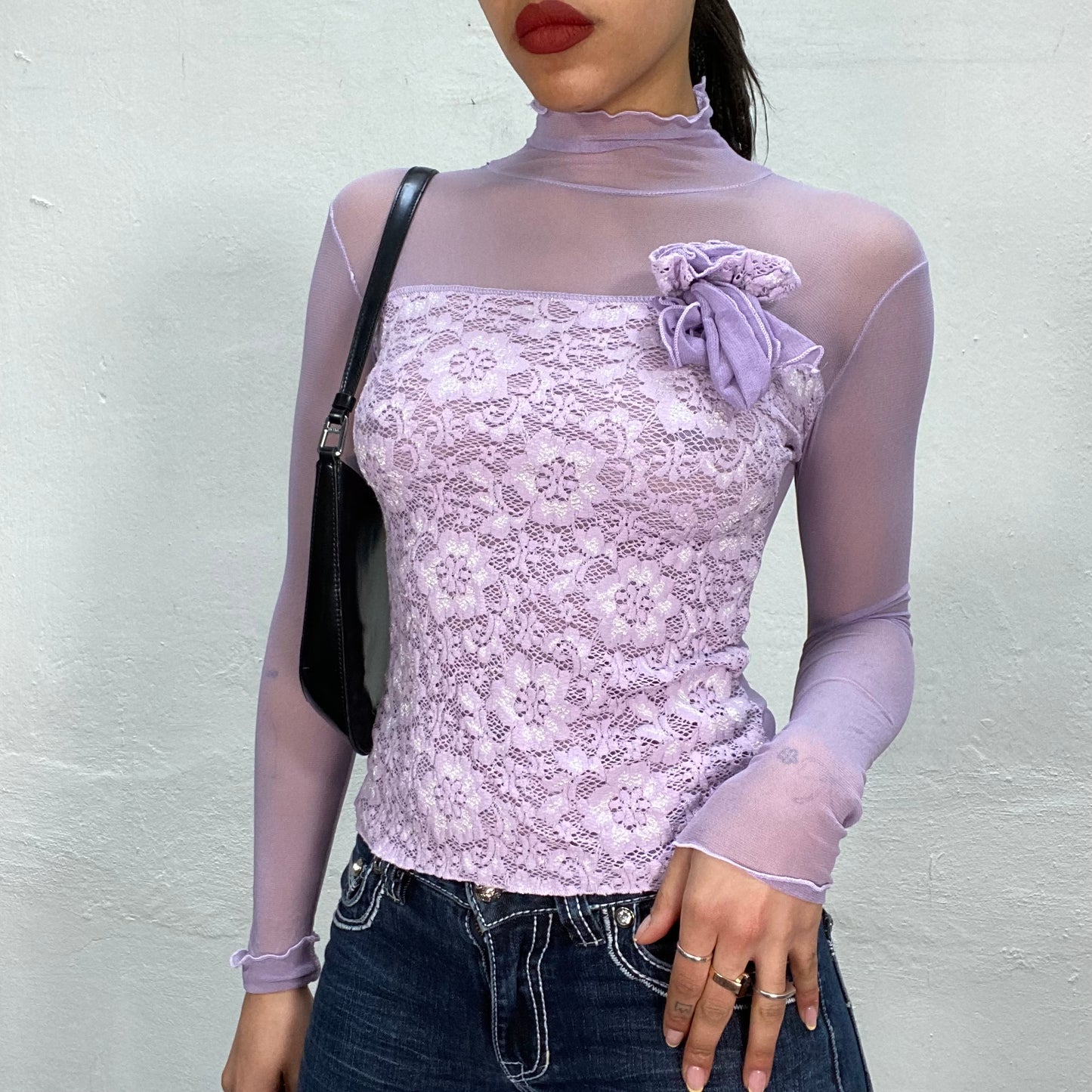 Vintage 2000's Ballet Purple Mesh Turtle Neck with Lace Front Part and Rosette (XS/S)