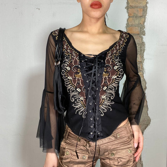 Vintage 2000's Indie Black Corset Top with Flow Mesh Sleeves and Lace Up Detail (M)