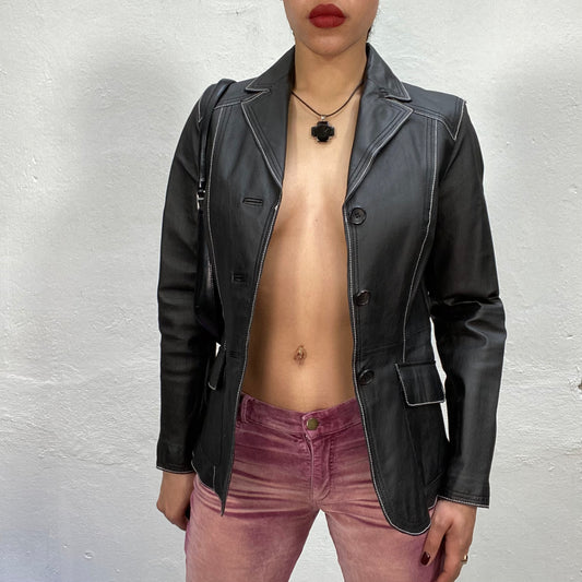 Vintage 90's Dowtown Girl Black Leather Blazer with Contrast Stitching (S)