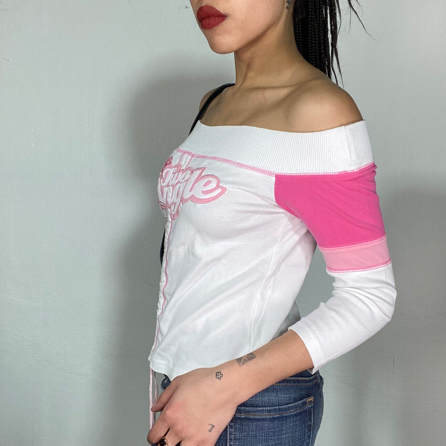 Vintage 2000's Sporty White Off Shoulder Top with Scrunch Detail and 'two Angel' Print (M)