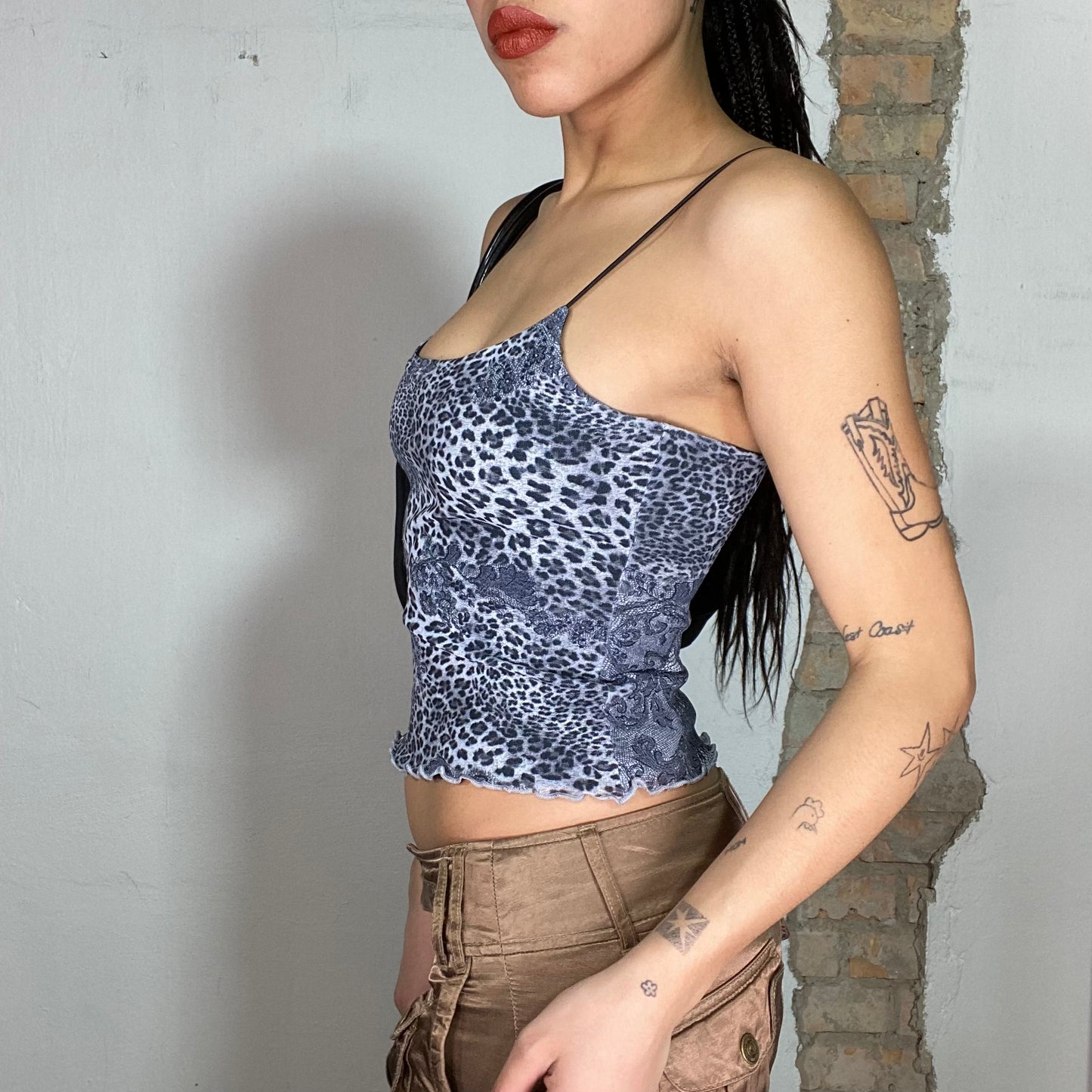 Vintage 2000's Clubwear Grey Top with Leo and Lace Print (S/M)