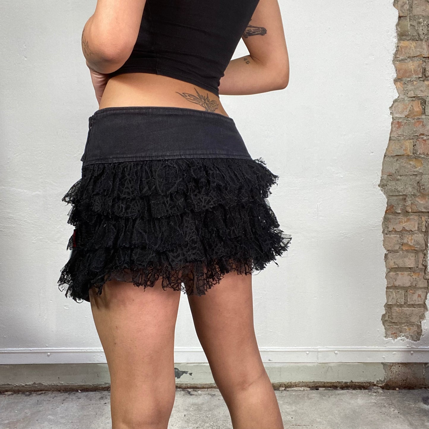 Vintage 2000's Gothic Black Mesh Layered Mini Skirt with Skull Buckle Detail (S)