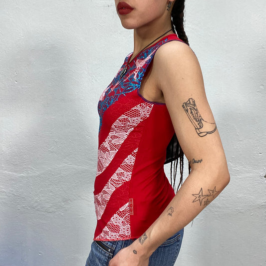 Vintage 2000's Funky Red Lace US Flag Print Tank Top (S)