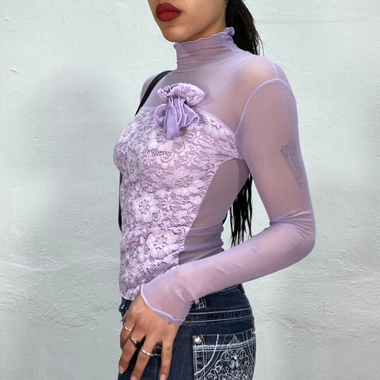 Vintage 2000's Ballet Purple Mesh Turtle Neck with Lace Front Part and Rosette (XS/S)